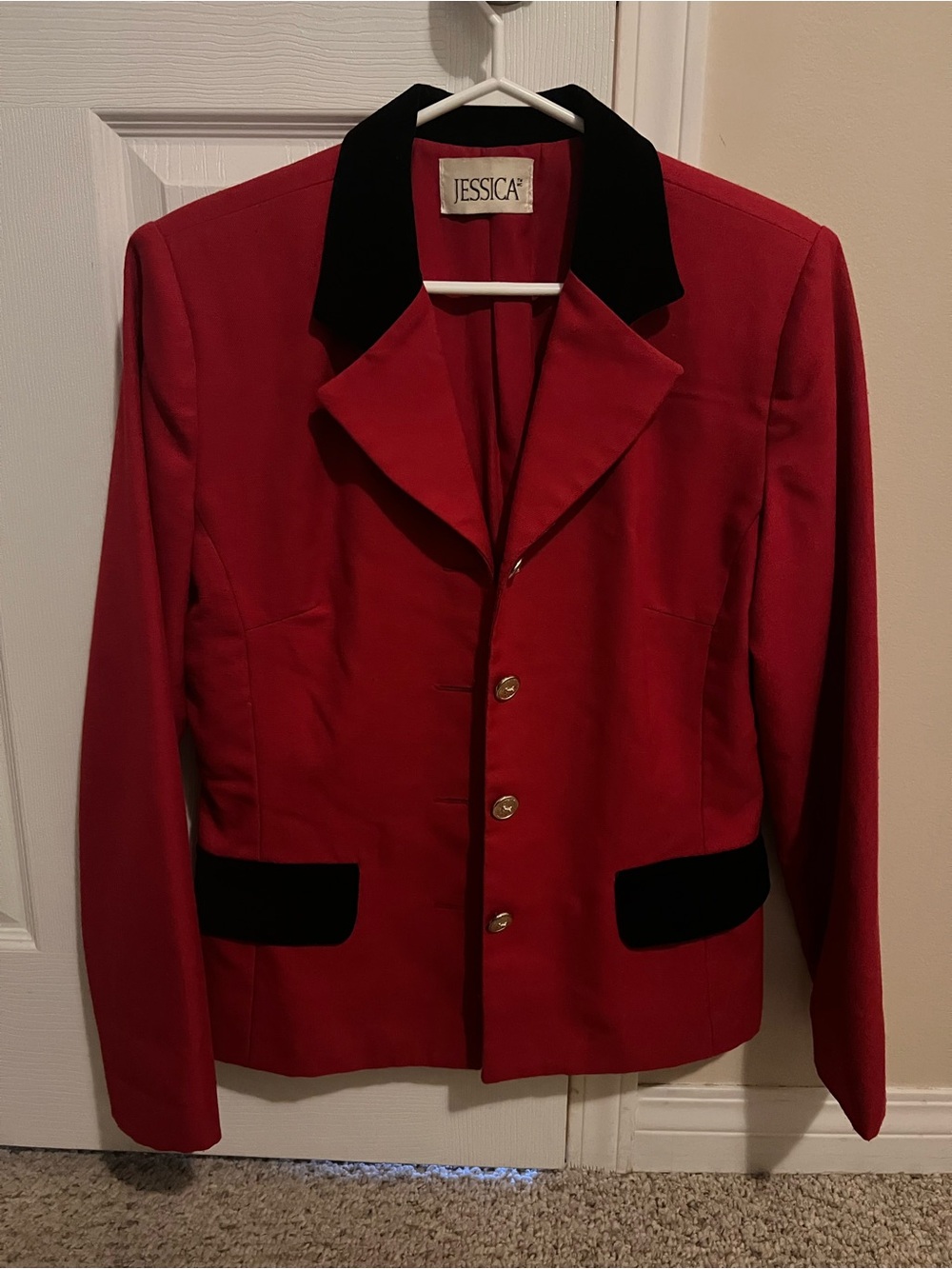 Vintage Jessica Red Women's Jacket with Black Velvet Trim and Gold Button Detail